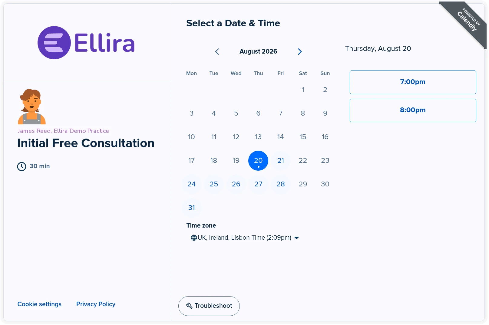 Calendly booking flowing into an Ellira enquiry and initial consultation