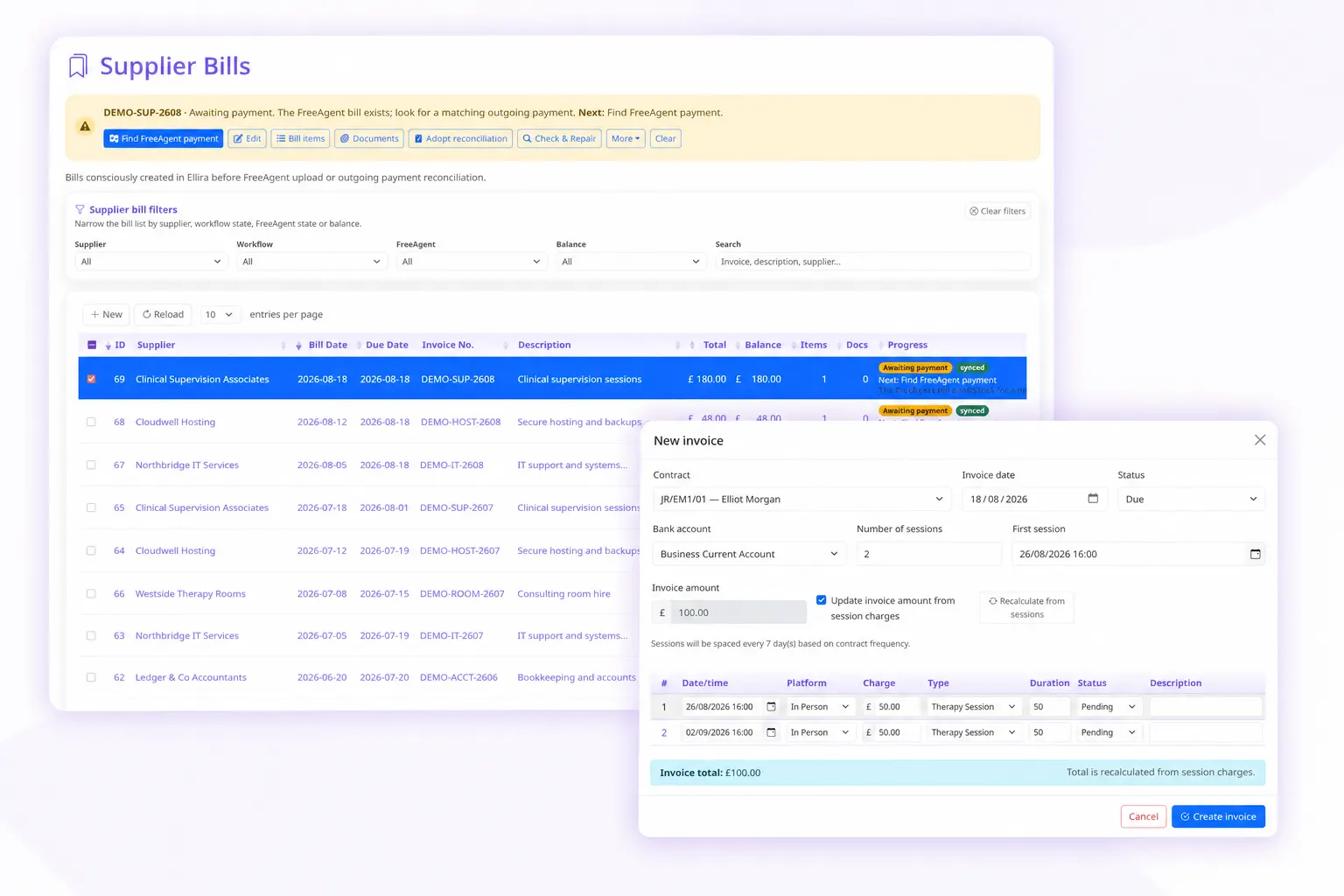 Ellira invoice creation and supplier bill workflow