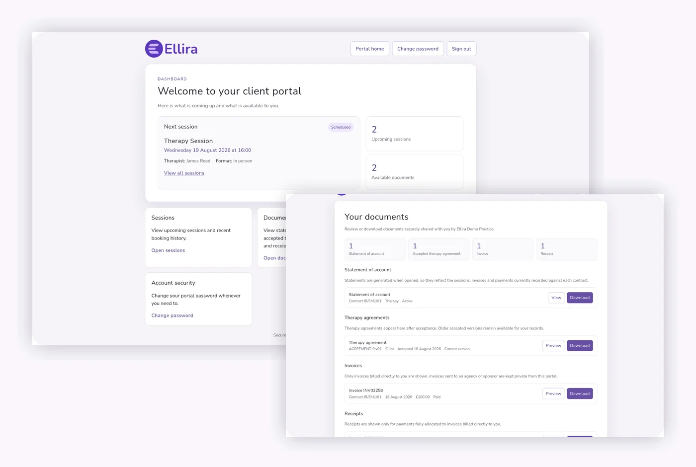 Ellira Client Portal dashboard with document library