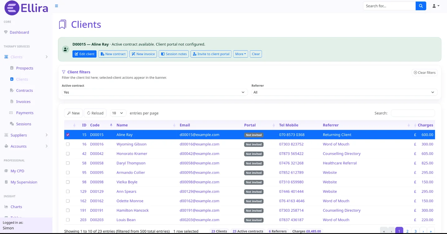Ellira Clients page with a selected client, filters and contextual actions