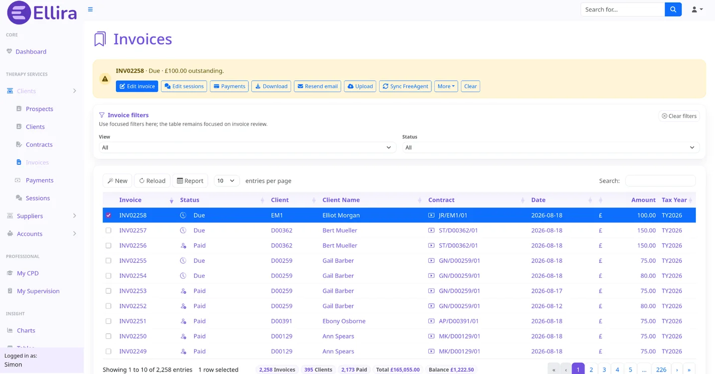 Ellira Invoices page showing a due invoice and context-aware billing actions