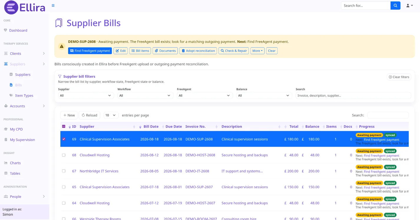 Ellira Supplier Bills page showing bill progress and FreeAgent payment workflow