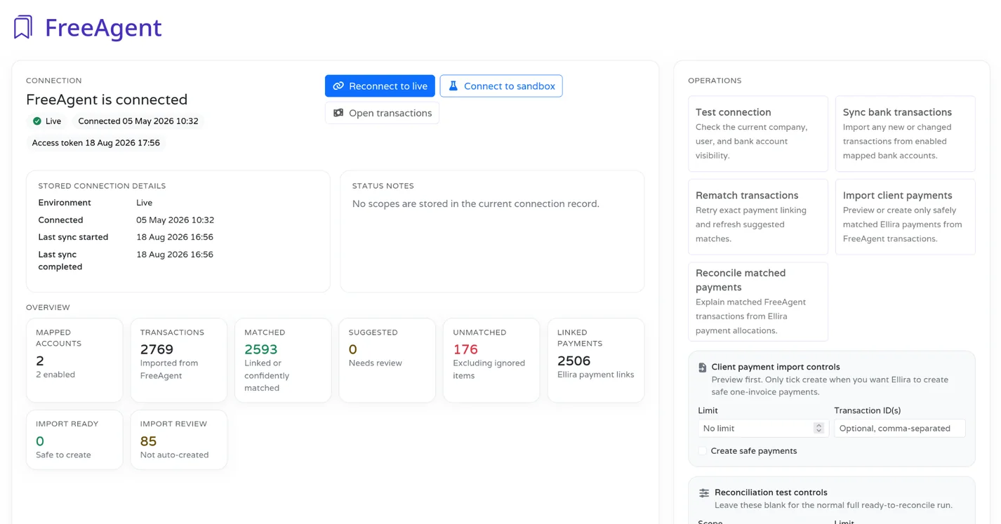 Ellira FreeAgent integration showing a live connection, transaction matching and linked payments