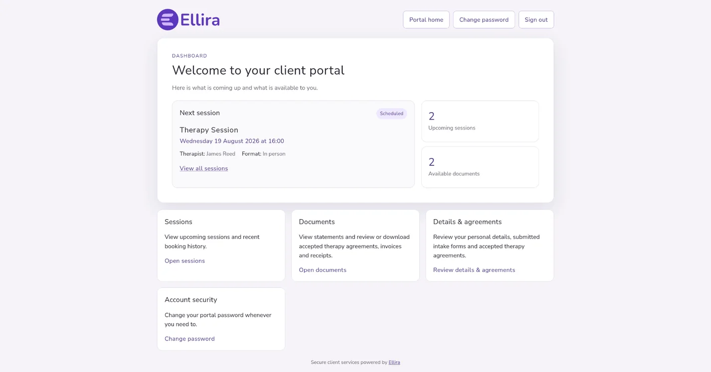 Ellira Client Portal dashboard showing upcoming sessions, documents and account access