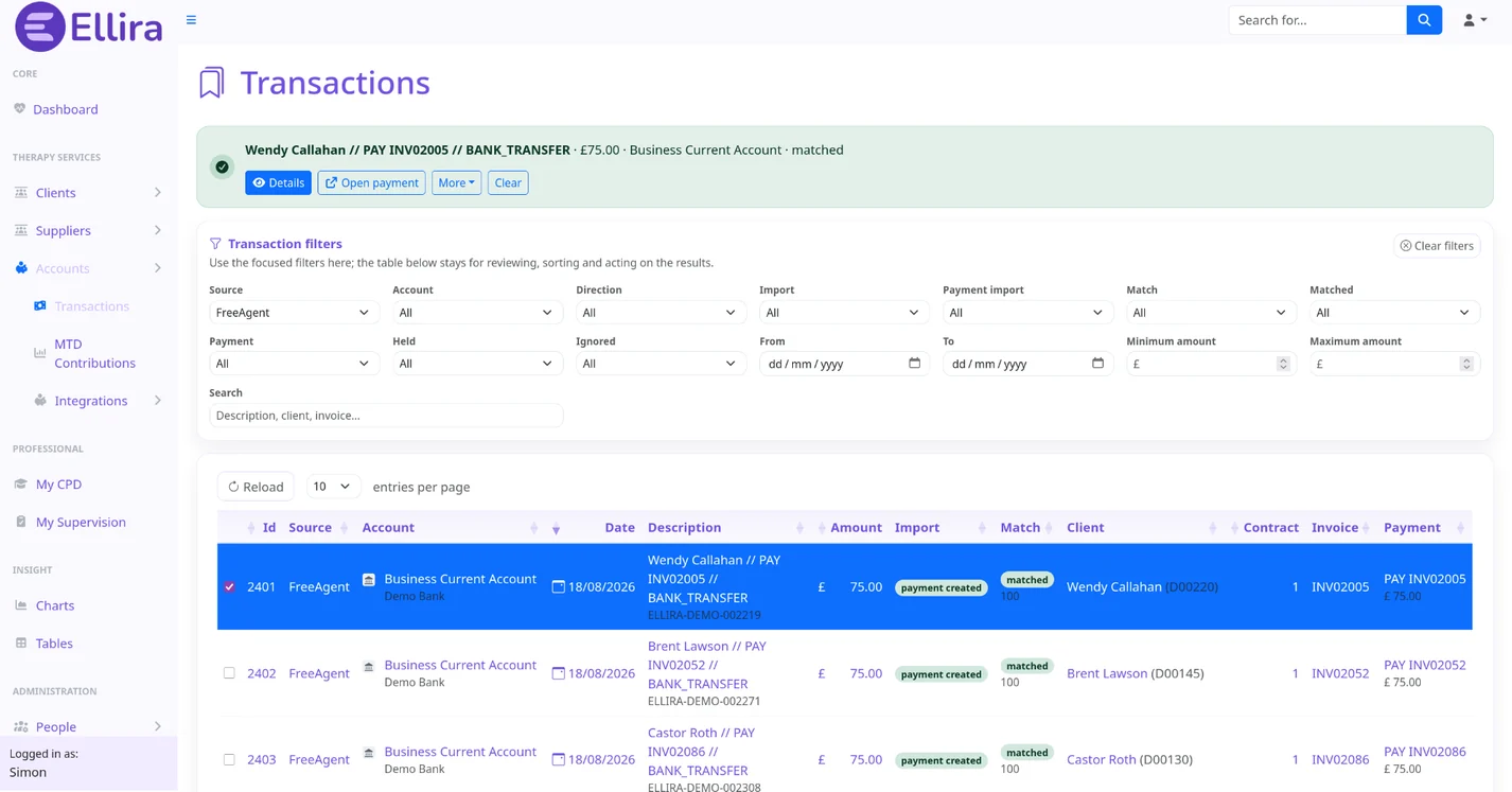 Ellira Transactions page showing a matched FreeAgent bank transaction