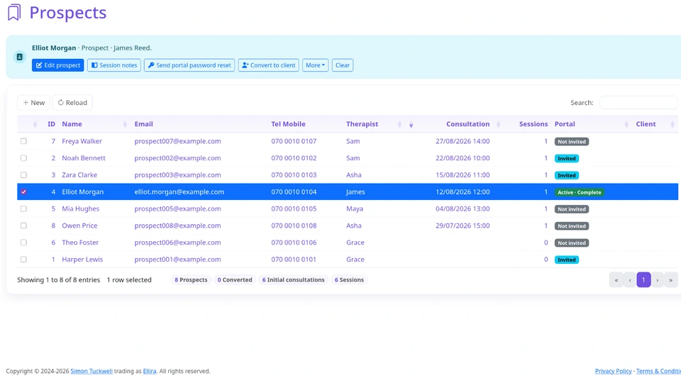 Ellira Prospects page showing a prospect selected with client setup actions available