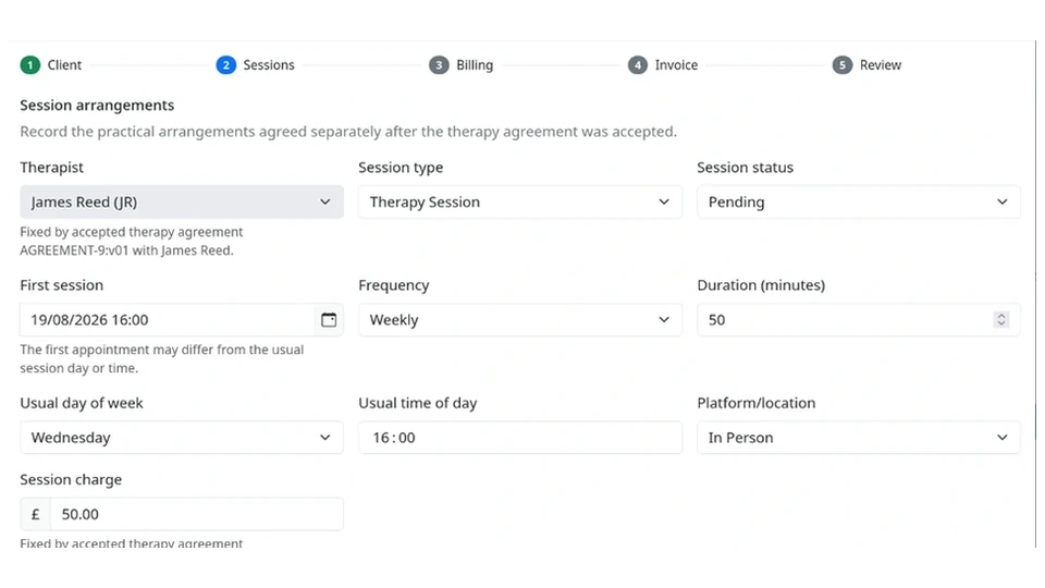 Ellira client setup wizard showing ongoing therapy session arrangements