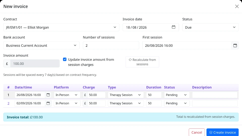 Ellira New invoice dialog creating sessions and an invoice together