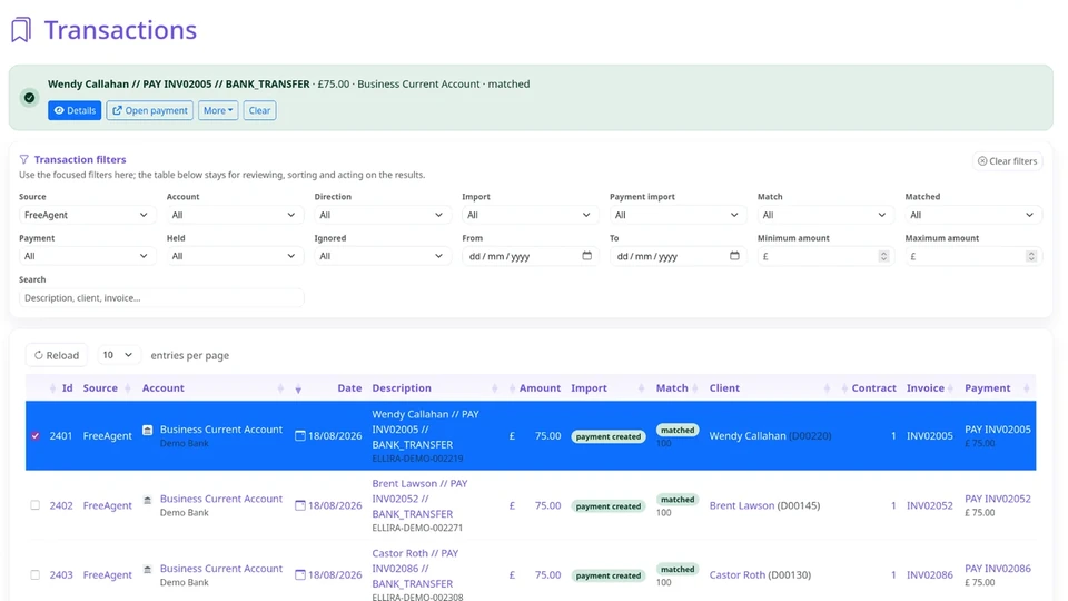 Ellira Transactions page showing a matched FreeAgent bank transaction