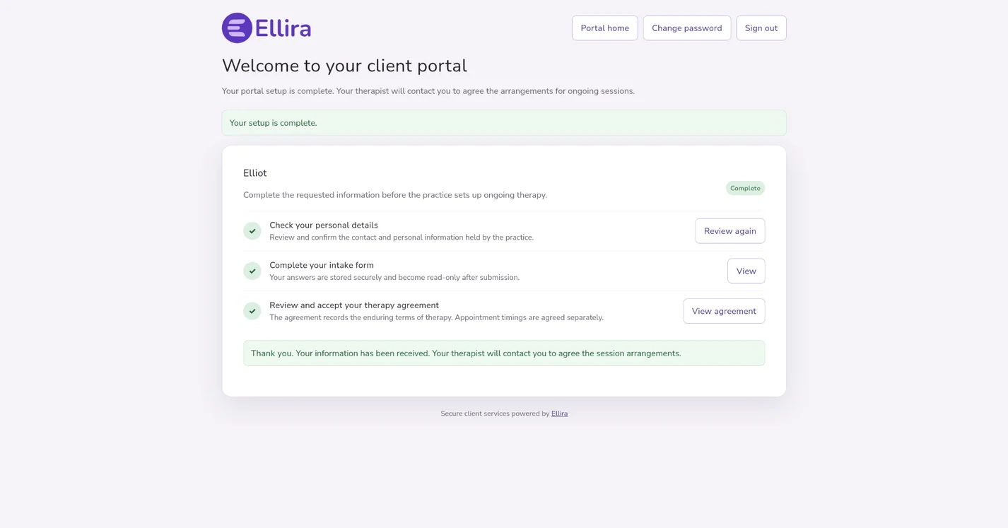 Completed Ellira Client Portal onboarding