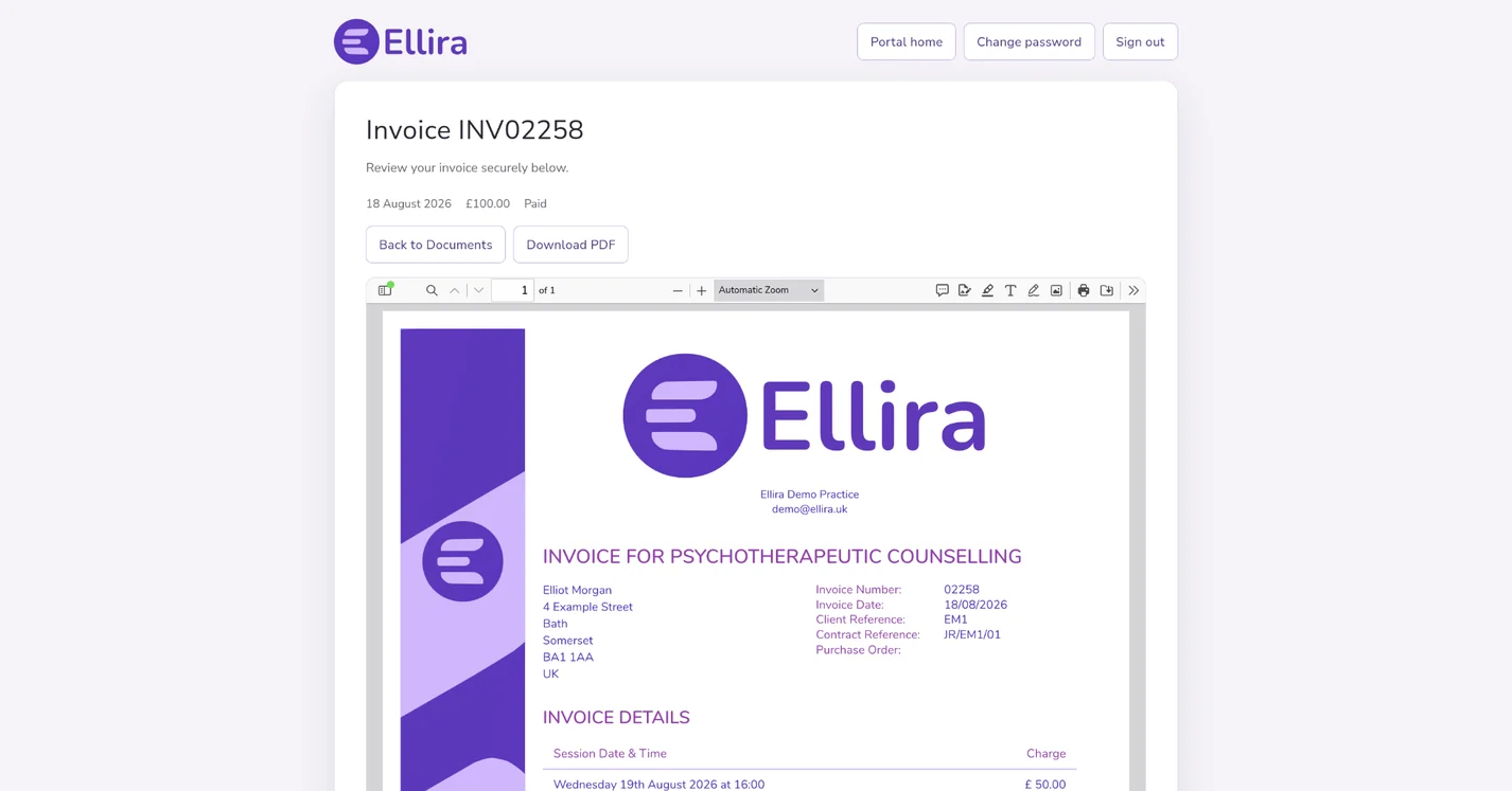 Ellira Client Portal invoice preview