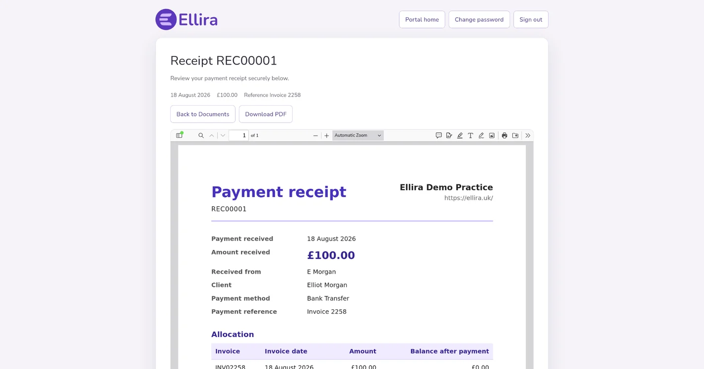 Ellira Client Portal receipt preview
