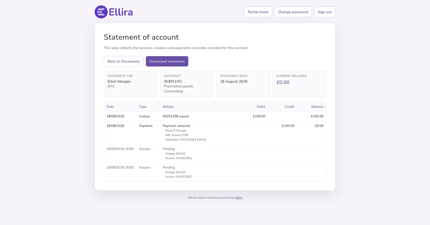 Ellira Client Portal statement of account